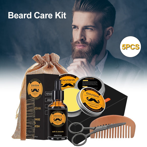 New 5pcs/set Men Beard Kit Grooming Beard Set Barba Beard Oil Moisturizing Wax Blam Comb Essence Styling Hair Men Beard Kit Set